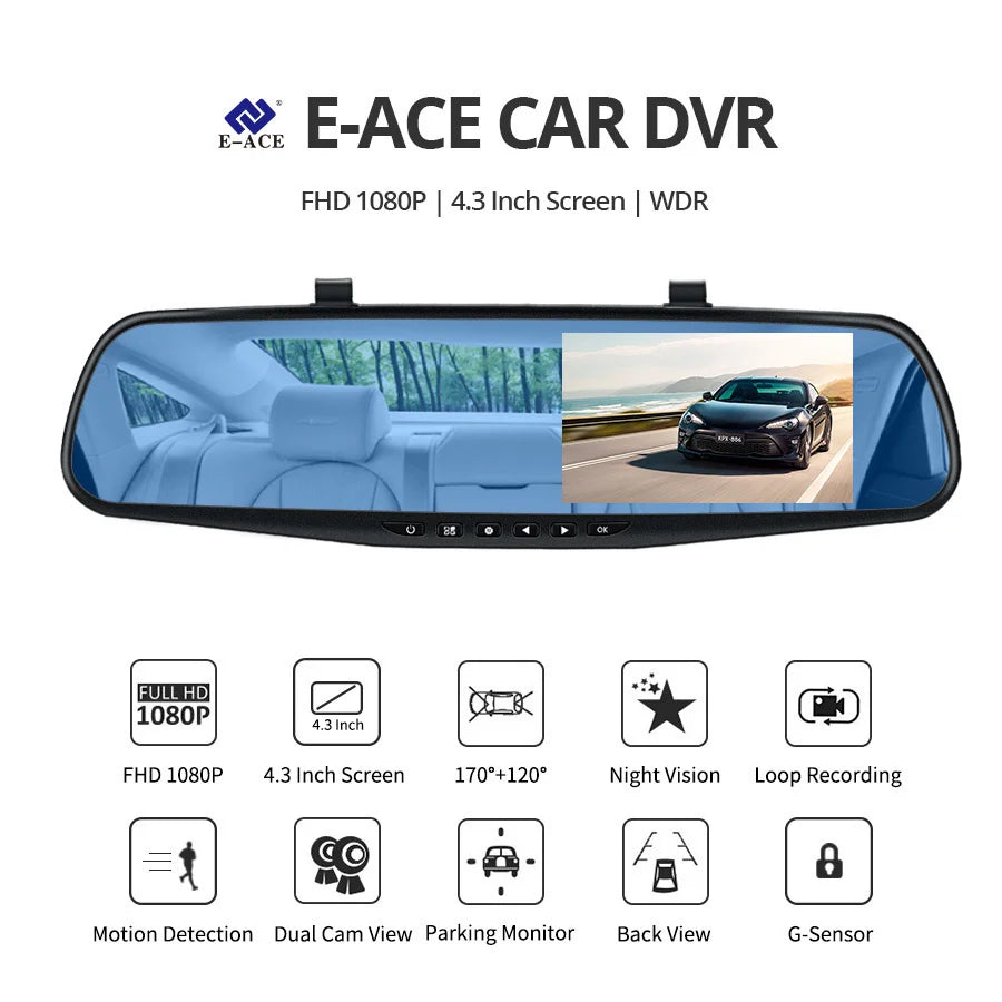 NextGen™ 4.3" Rearview Mirror Dash Cam – Full HD Dual Camera & Parking Monitor