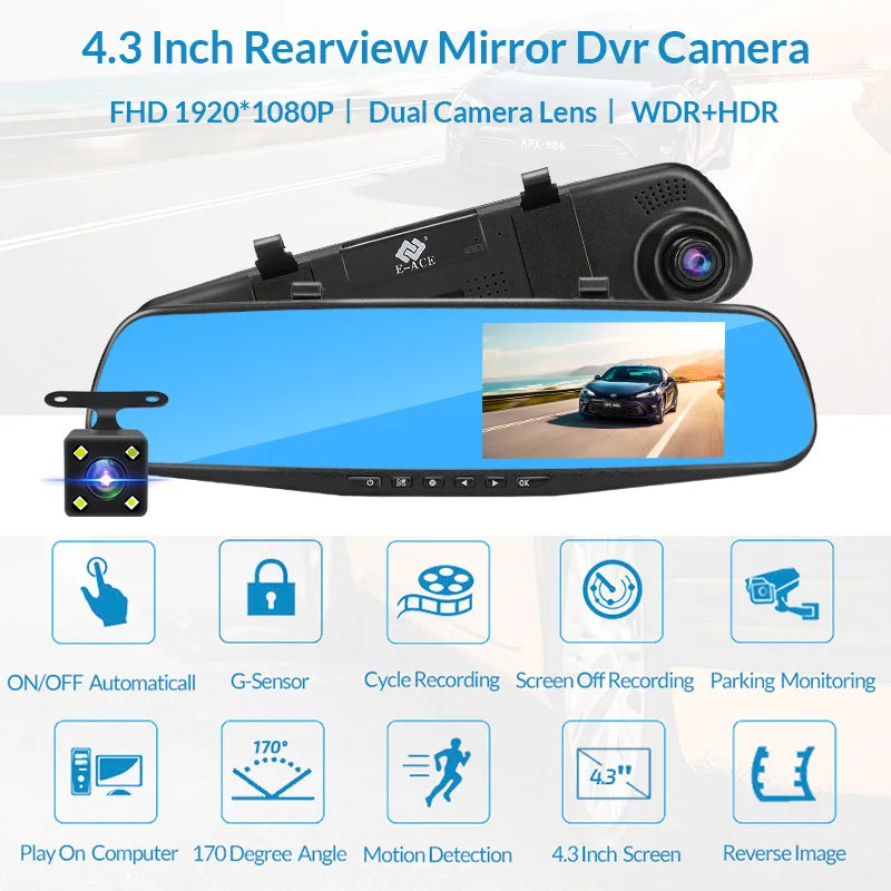 NextGen™ 4.3" Rearview Mirror Dash Cam – Full HD Dual Camera & Parking Monitor